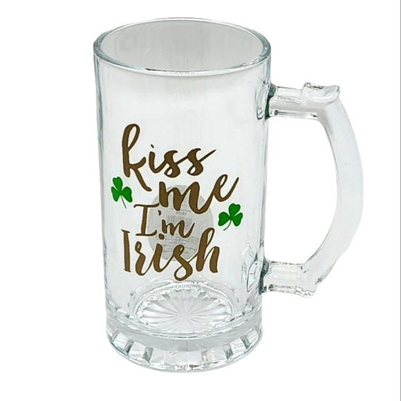 Kiss Me I'm Irish‎ Clear Glass Beer Mug 15oz - Picture 1 of 8